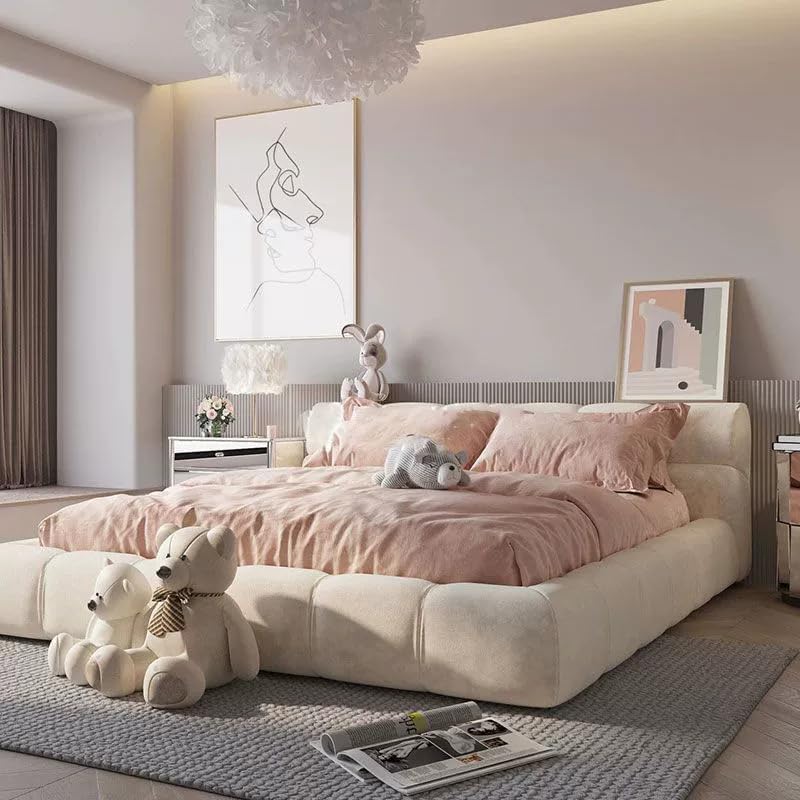 Poppins HOME Modern Nordic Gray Storage Bed - Italian Design Wooden King/Queen Bed Frame with Headboard (Beige, 200×200cm)