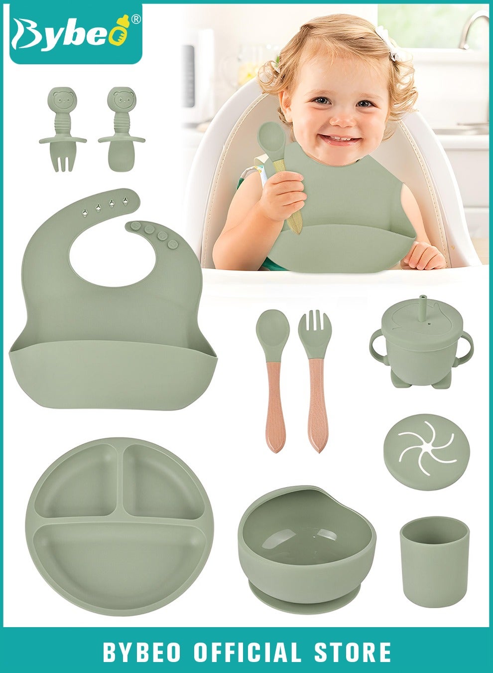 Bybeo 10 Pcs Baby Feeding Set,Silicone Tableware,Infant Feeding Supplies,Led Weaning Set for Newborns,Baby Self Eating Utensils Set,BPA Free,Green