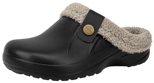ChayChax Women and Men Fur Lined Clogs Memory Foam Warm Fuzzy Slippers Winter Waterproof Indoor Outdoor Slipper, Black 1, 9.5-10.5 Women/8.5-9 Men - Image 1