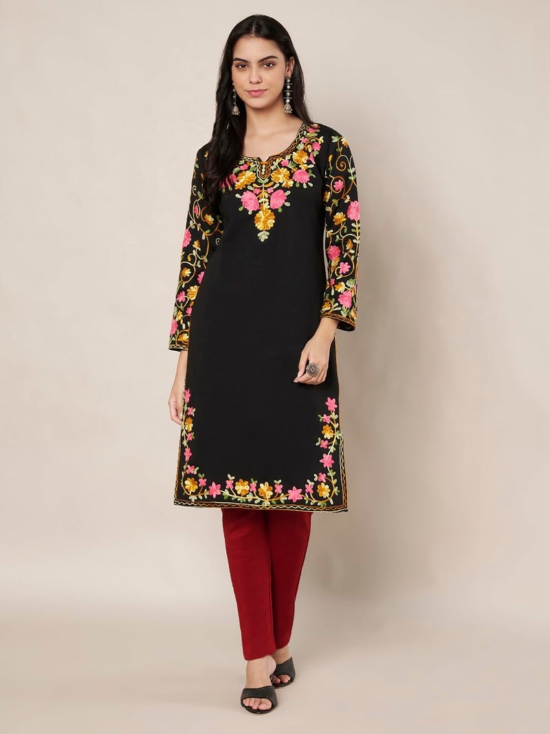 TREND LEVEL Winter Warm Woolen Embroidery Kurta/Kurti for Women's (Multi Flower) (in, Alpha, L, Black) - Image 2