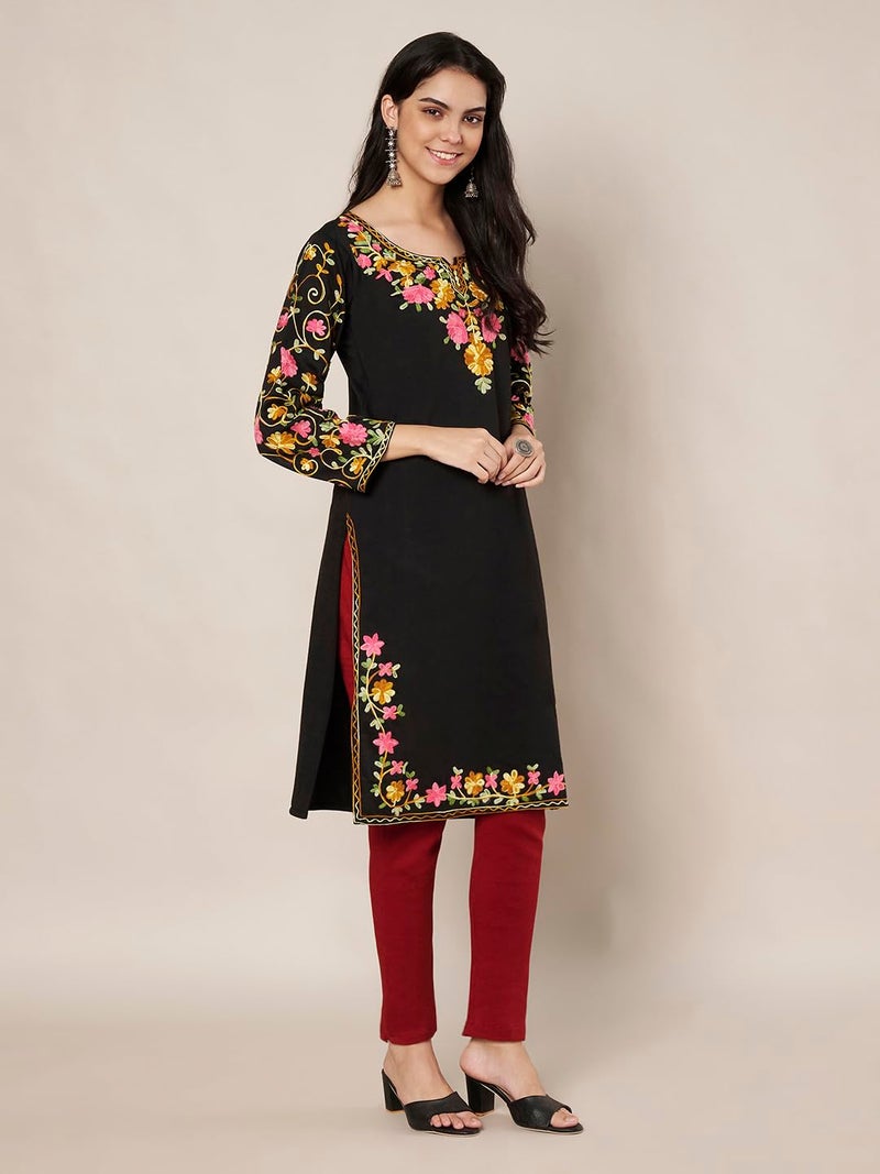 TREND LEVEL Winter Warm Woolen Embroidery Kurta/Kurti for Women's (Multi Flower) (in, Alpha, L, Black) - Image 5