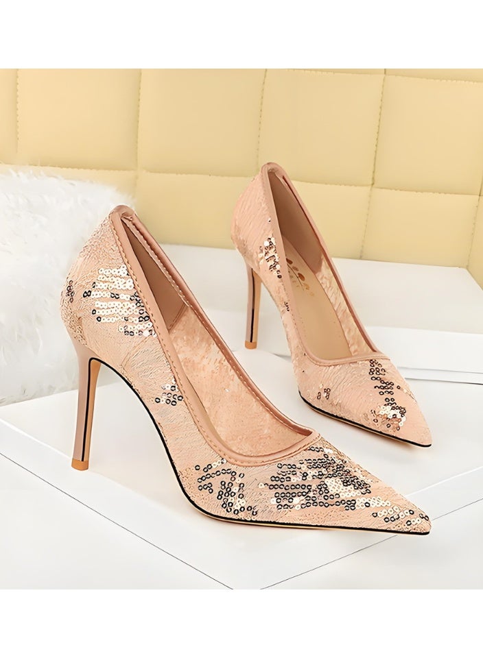 BIGTREE Women's Lace Mesh Sequins Stiletto Pumps Closed Pointed Toe High Heels Shoes Champagne 9.5CM - Image 3