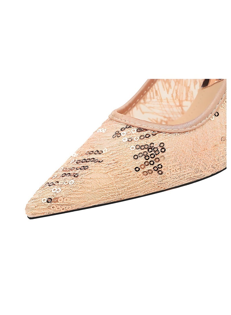 BIGTREE Women's Lace Mesh Sequins Stiletto Pumps Closed Pointed Toe High Heels Shoes Champagne 9.5CM - Image 4