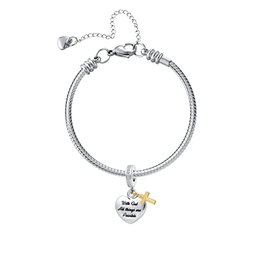 QeenseKc Heart Religions Cross Charm with God All Things are Possible Christian Bible Verse Bead Fits Pandora Bracelets - Image 3