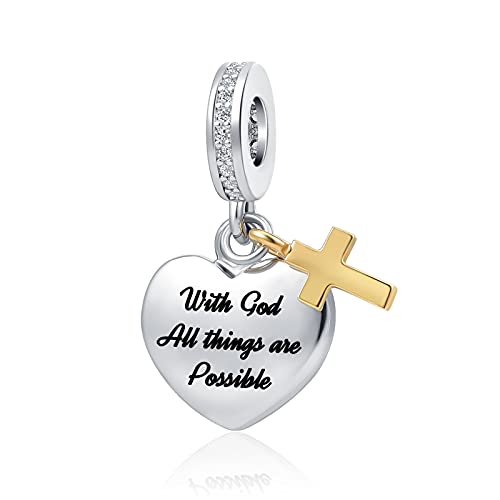 QeenseKc Heart Religions Cross Charm with God All Things are Possible Christian Bible Verse Bead Fits Pandora Bracelets - Image 1