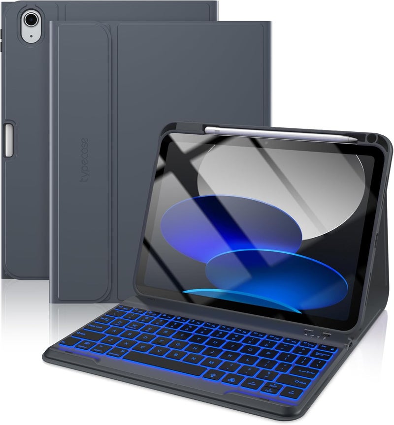 typecase غلاف لوحة مفاتيح تيبكيس فوليو لآيباد الجيل العاشر 10.9 بوصة (2022) وآيباد الجيل الحادي عشر (A16، 2025)، لوحة مفاتيح مغناطيسية لاسلكية قابلة للفصل، إضاءة خلفية بسبعة ألوان، رفيع وخفيف، حامل قلم – رمادي فحمي - Image 1