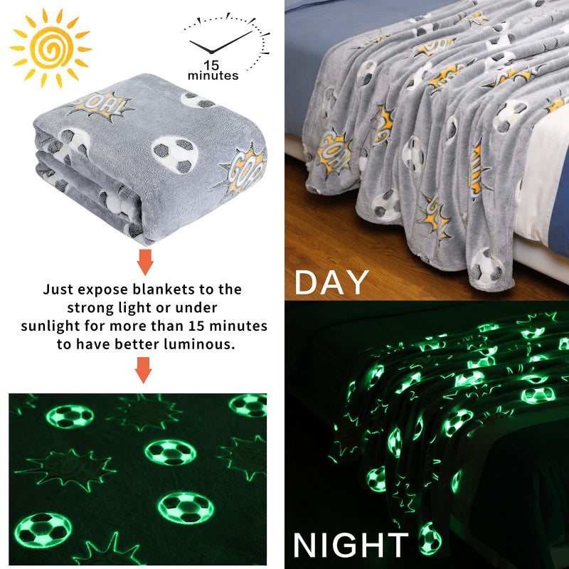 Wesan Glow in The Dark Blanket Soccer for Kids Boys Girls Fun Soft Plush Flannel Furry Fluffy Nap Sleep Blanket, Christmas Thanksgiving Birthday Magical Decor Luminous Throw 50"x60" - Image 2