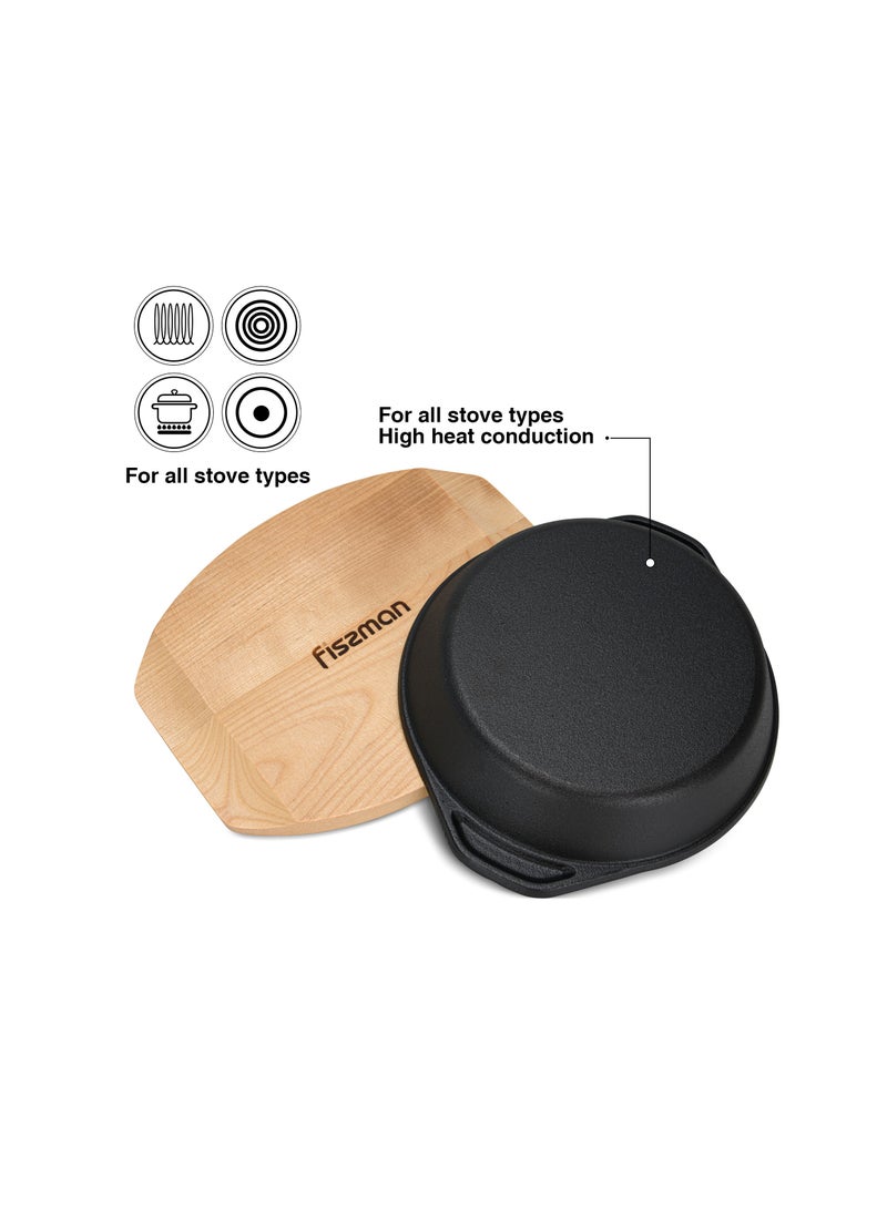 Fissman مقلاة من الحديد الزهر مع صينية 19×4.7 سم، طبق شواء مع مقبضين جانبيين وصينية خشبية، رائعة للمأكولات البحرية والخضروات والأطعمة المشوية - Image 4