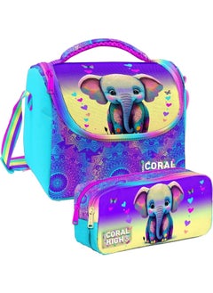CORAL HIGH Pink Turquoise Elephant Patterned Girl Thermal Insulated Lunch Bag and Pencil Case Set  - Image 1