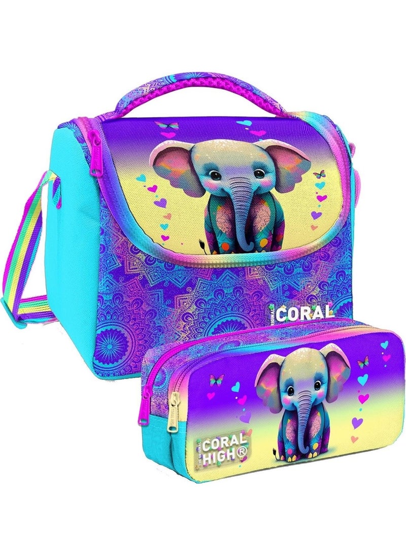 CORAL HIGH Pink Turquoise Elephant Patterned Girl Thermal Insulated Lunch Bag and Pencil Case Set  - Image 1