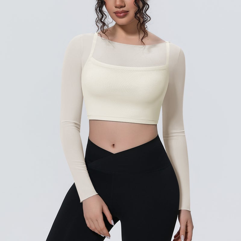 New   Solid Color Mesh Double-Layer Breathable Fake Two-Piece Long Sleeve Casual Sports Running Fitness Yoga  Top - Image 1