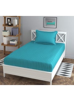 Furnistitchs Furnistitchs Plain Stripes Single Elastic Fitted Bedsheets with 1 Pillow Cover Sea Green  - Image 1