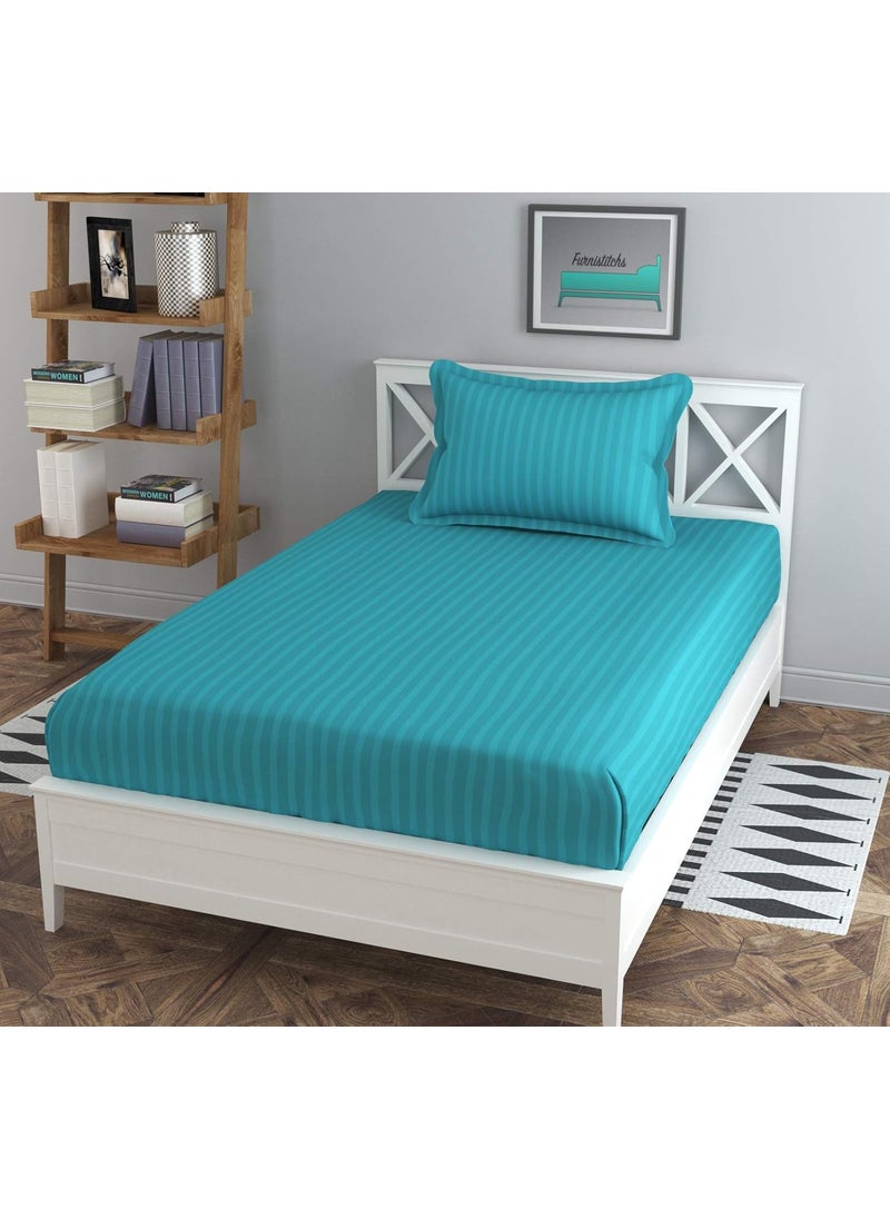 Furnistitchs - Furnistitchs Plain Stripes Single Elastic Fitted Bedsheets with 1 Pillow Cover Sea Green - Image 1