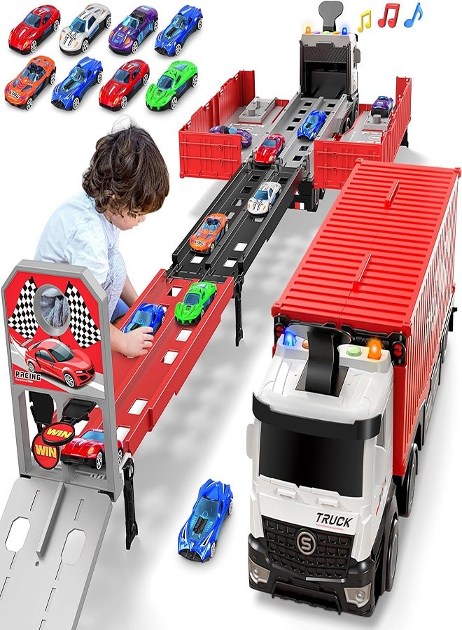 Toy Truck Transporter with Race Track Slots and Foldable Tracks, Container Carrier Toy for Toddlers with 8 Alloy Vehicles Set for Boys and Girls Ages 3+ - Image 1