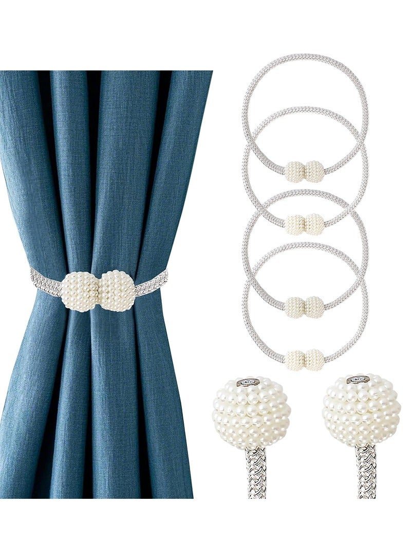4 Piece  Magnetic Curtain Tiebacks, No Drill Holdbacks Decorative, 2 Pack Pearl Tie Backs for Drapes, 18.9 Inch Rope with Magnets, Window Treatment Accessories,Silvery. - Image 1