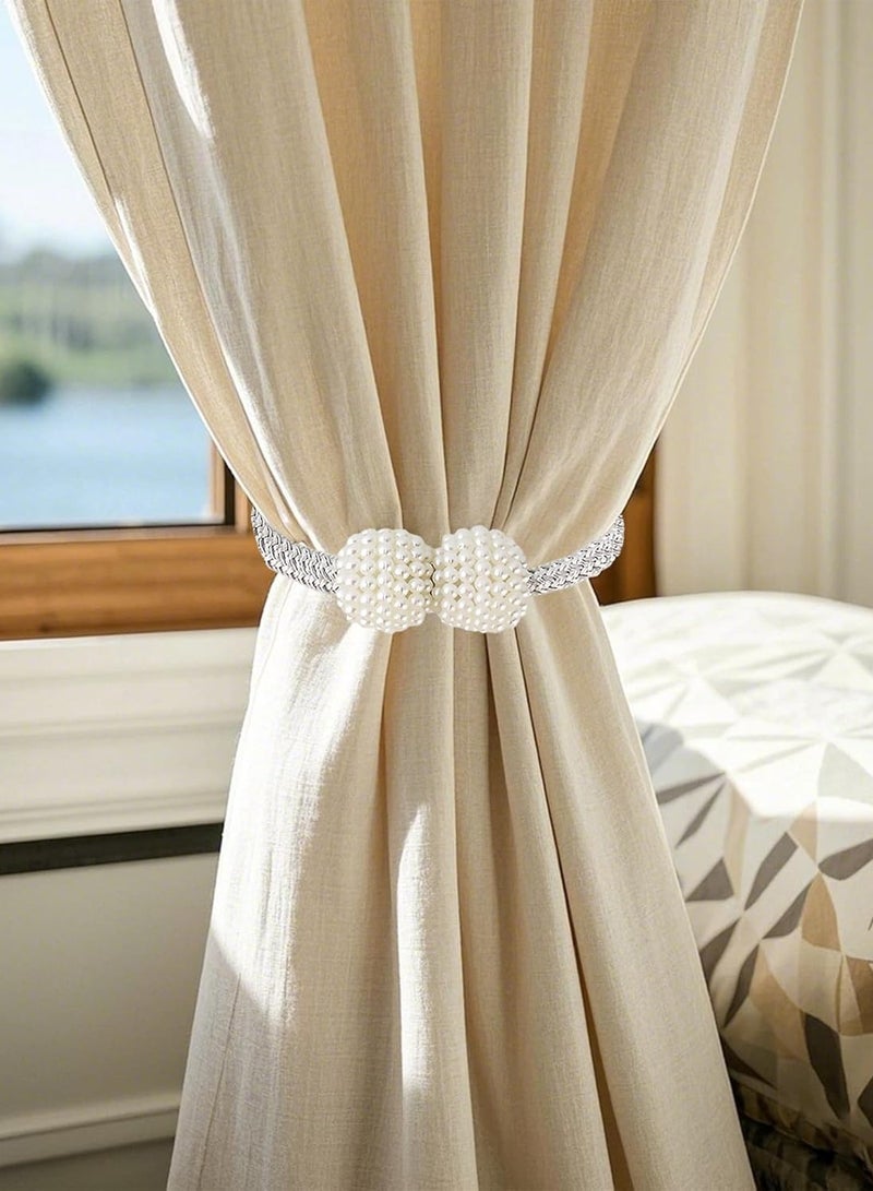 4 Piece  Magnetic Curtain Tiebacks, No Drill Holdbacks Decorative, 2 Pack Pearl Tie Backs for Drapes, 18.9 Inch Rope with Magnets, Window Treatment Accessories,Silvery. - Image 3