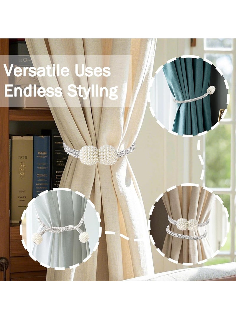 4 Piece  Magnetic Curtain Tiebacks, No Drill Holdbacks Decorative, 2 Pack Pearl Tie Backs for Drapes, 18.9 Inch Rope with Magnets, Window Treatment Accessories,Silvery. - Image 5