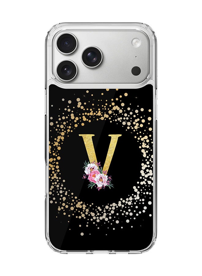 Stylizedd Classic Clear MagSafe Case for iPhone 17 Pro Max , Hybrid Soft Case Flexible Edges Anti Drop TPU PC Gel Thin Transparent Cover [ Designed for iPhone 17 Pro Max ] - Custom Monogram Initial Letter Floral Pattern Alphabet - V ( Black )