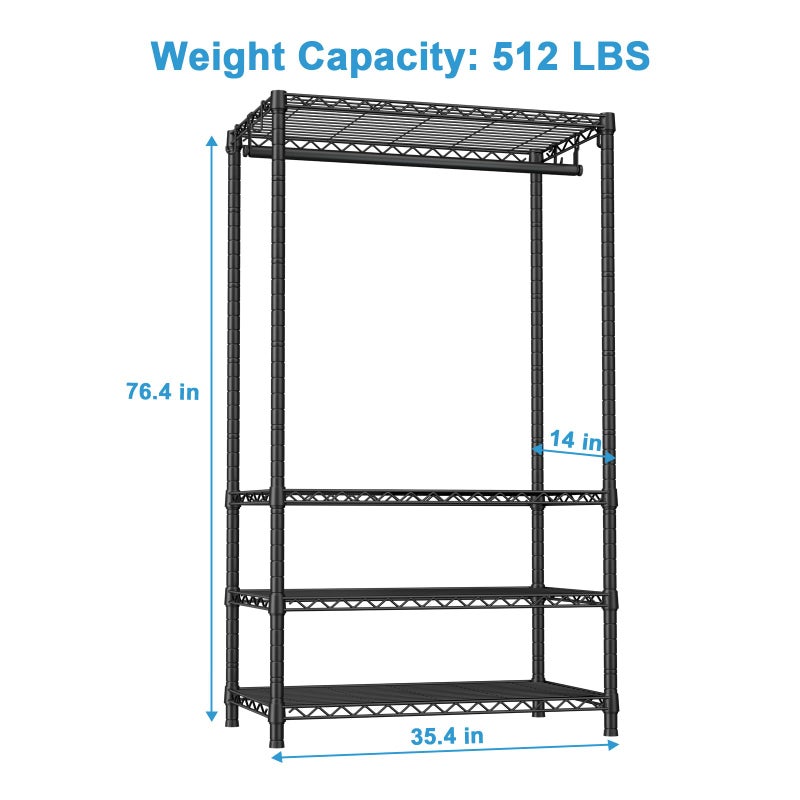 Ulif H4 Portable Closets, 4-Tier Metal Clothes Garment Rack for Bedroom and Cloakroom, Clothing Closet Storage and Organizer Wardrobe, 35.4" W x 14" D x 76.4" H, Black - Image 3