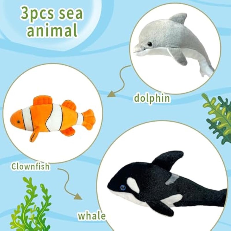 3 Pack Ocean Stuffed Animals,Realistic Dolphin Whale Clown Fish Stuffed Animal Sea Animal Toys,Ocean Animal Toy for Girls Boys Birthday Bedtime Decor Stuffed Animals Plush - Image 3