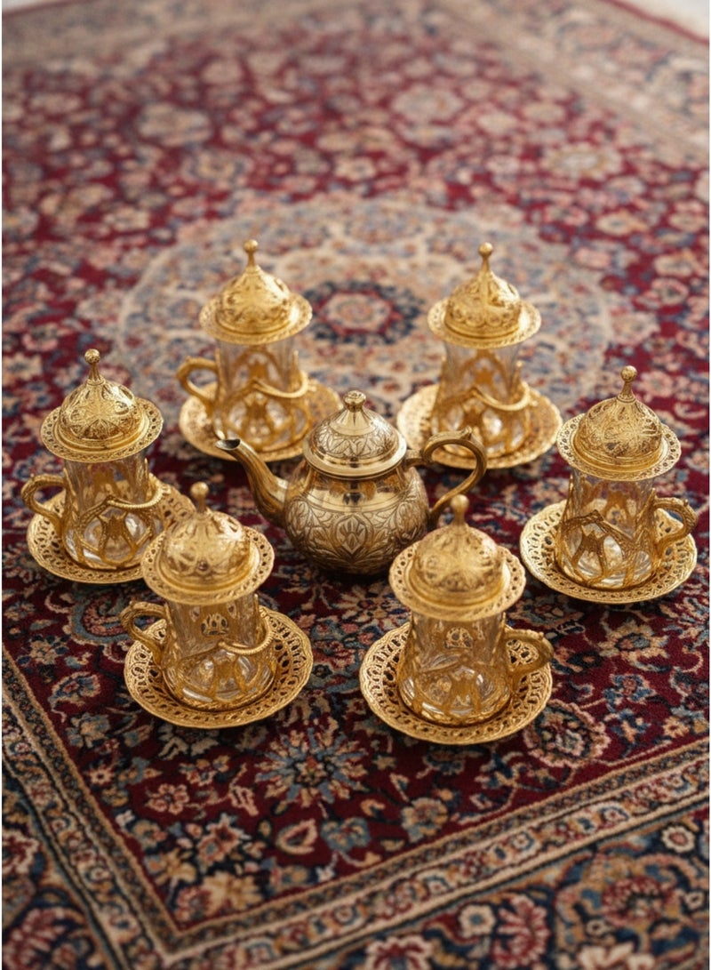 Acar Handmade Copper & Glass Turkish Tea Set (6 Glass Cups with Openable Tops (for Chocolate, Dates, or Turkish Delights) with Copper Saucers, Holders) – Antique Gold Finish, Luxury Design from Türkiye - Image 5