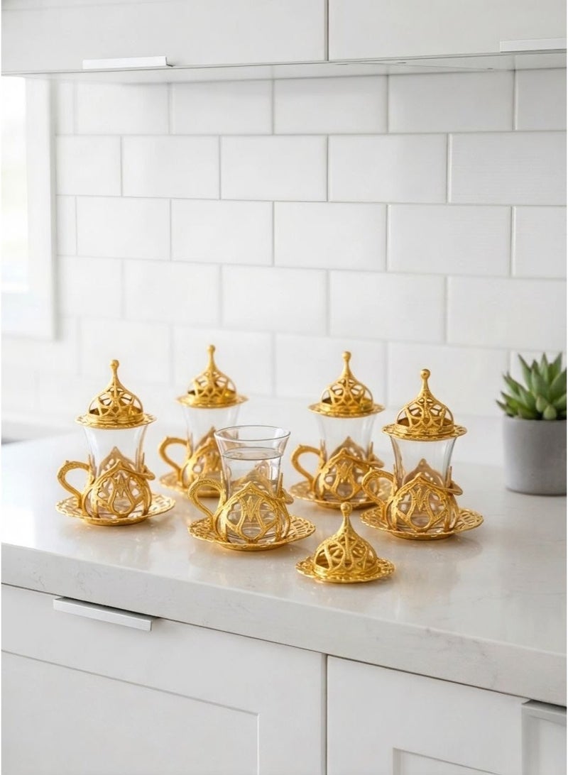 Acar Handmade Copper & Glass Turkish Tea Set (6 Glass Cups with Openable Tops (for Chocolate, Dates, or Turkish Delights) with Copper Saucers, Holders) – Antique Gold Finish, Luxury Design from Türkiye - Image 1