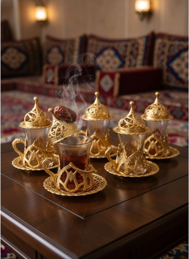 Acar Handmade Copper & Glass Turkish Tea Set (6 Glass Cups with Openable Tops (for Chocolate, Dates, or Turkish Delights) with Copper Saucers, Holders) – Antique Gold Finish, Luxury Design from Türkiye - Image 2