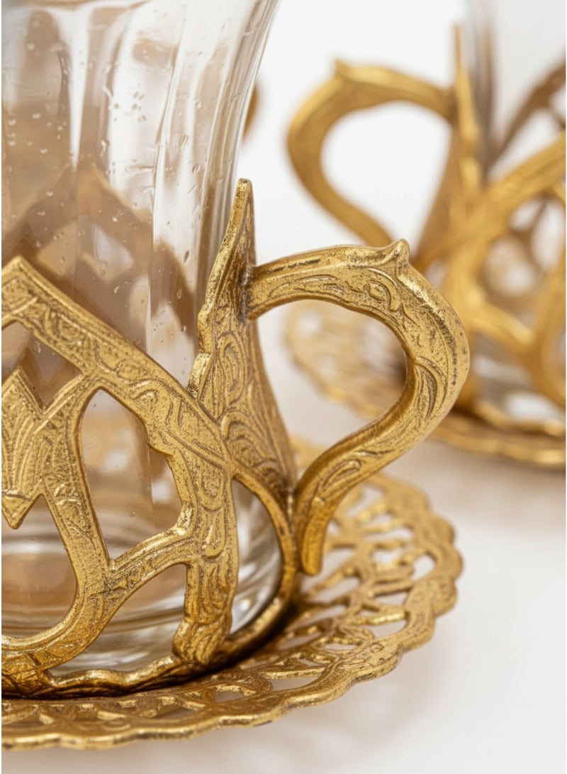 Acar Handmade Copper & Glass Turkish Tea Set (6 Glass Cups with Openable Tops (for Chocolate, Dates, or Turkish Delights) with Copper Saucers, Holders) – Antique Gold Finish, Luxury Design from Türkiye - Image 3