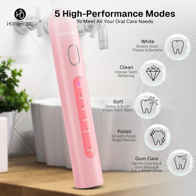 Home Basic فرشاة أسنان كهربائية وايف وايتنر مع 5 أوضاع، 6 رؤوس فرشاة، بطارية تدوم 60 يومًا، شحن USB، تصميم مقاوم للماء IPX7، مؤقت ذكي، حقيبة سفر، شعيرات نايلون | العناية بالفم للبالغين (وردي) - Image 4