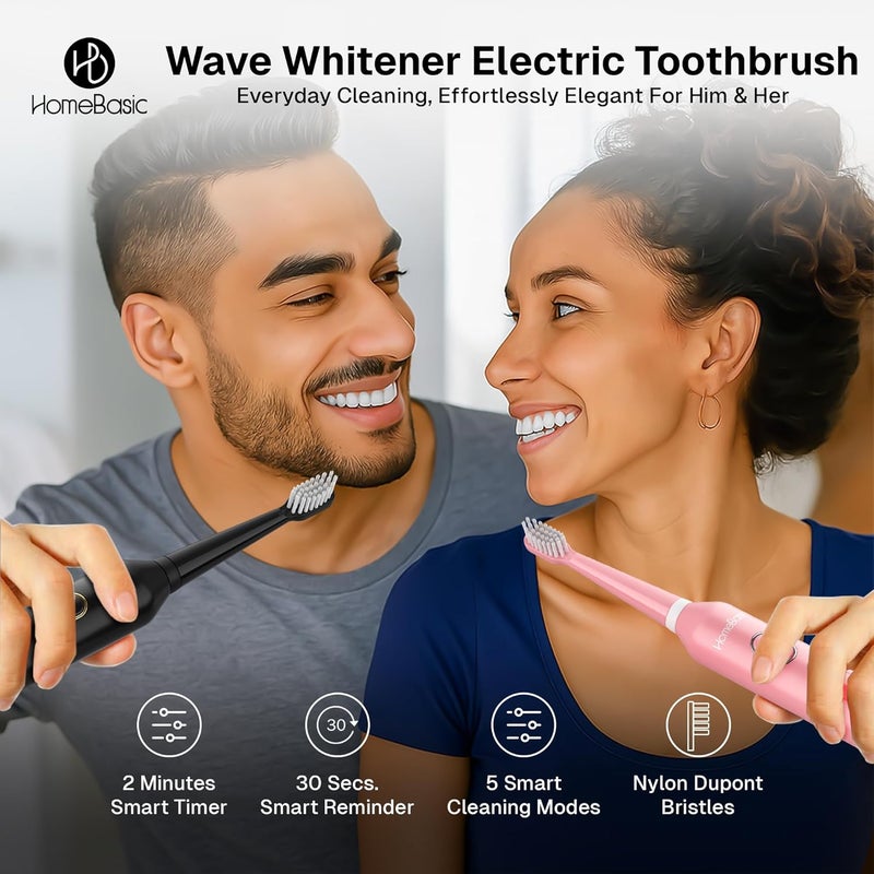 Home Basic فرشاة أسنان كهربائية وايف وايتنر مع 5 أوضاع، 6 رؤوس فرشاة، بطارية تدوم 60 يومًا، شحن USB، تصميم مقاوم للماء IPX7، مؤقت ذكي، حقيبة سفر، شعيرات نايلون | العناية بالفم للبالغين (وردي) - Image 2