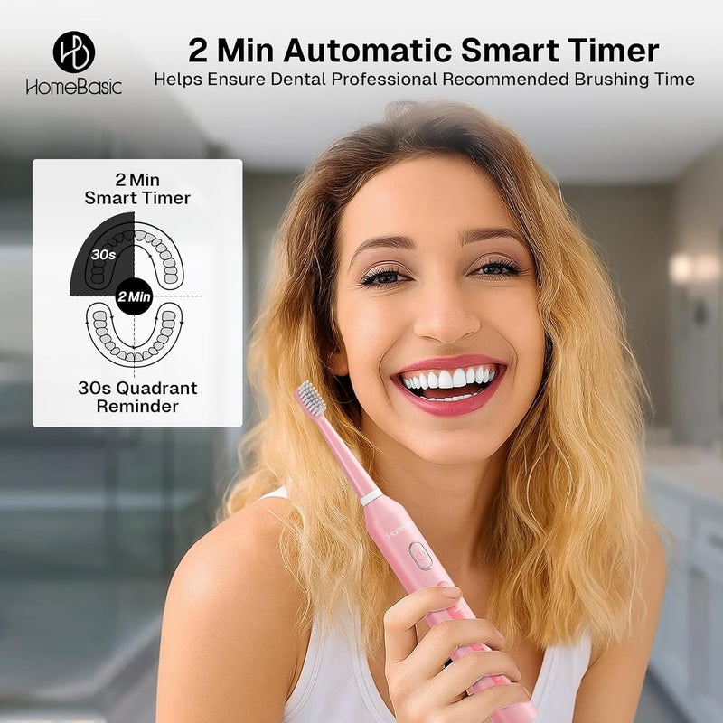 Home Basic فرشاة أسنان كهربائية وايف وايتنر مع 5 أوضاع، 6 رؤوس فرشاة، بطارية تدوم 60 يومًا، شحن USB، تصميم مقاوم للماء IPX7، مؤقت ذكي، حقيبة سفر، شعيرات نايلون | العناية بالفم للبالغين (وردي) - Image 3