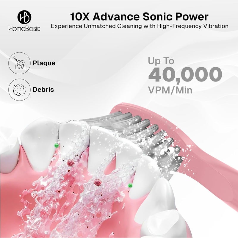 Home Basic فرشاة أسنان كهربائية وايف وايتنر مع 5 أوضاع، 6 رؤوس فرشاة، بطارية تدوم 60 يومًا، شحن USB، تصميم مقاوم للماء IPX7، مؤقت ذكي، حقيبة سفر، شعيرات نايلون | العناية بالفم للبالغين (وردي) - Image 5
