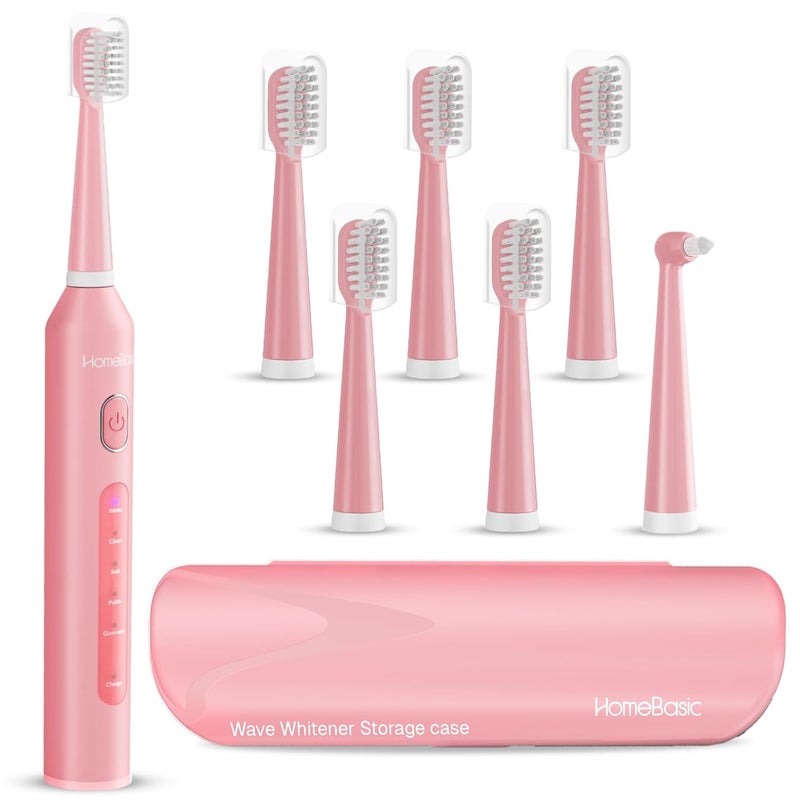 Home Basic فرشاة أسنان كهربائية وايف وايتنر مع 5 أوضاع، 6 رؤوس فرشاة، بطارية تدوم 60 يومًا، شحن USB، تصميم مقاوم للماء IPX7، مؤقت ذكي، حقيبة سفر، شعيرات نايلون | العناية بالفم للبالغين (وردي) - Image 1