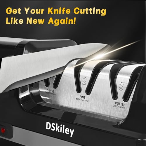 DSkiley Professional 3-stage Electric Knife Sharpener for Kitchen Knives, with 100% Diamond Abrasive 20° Precision Angle Guide, Quickly Sharpening, Repairing/Restoring/Polish Blades (Black) - Image 2