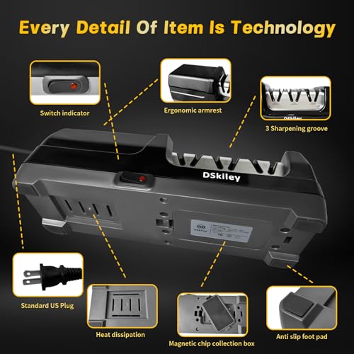 DSkiley Professional 3-stage Electric Knife Sharpener for Kitchen Knives, with 100% Diamond Abrasive 20° Precision Angle Guide, Quickly Sharpening, Repairing/Restoring/Polish Blades (Black) - Image 5