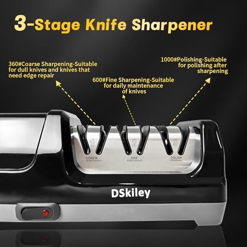 DSkiley Professional 3-stage Electric Knife Sharpener for Kitchen Knives, with 100% Diamond Abrasive 20° Precision Angle Guide, Quickly Sharpening, Repairing/Restoring/Polish Blades (Black) - Image 4