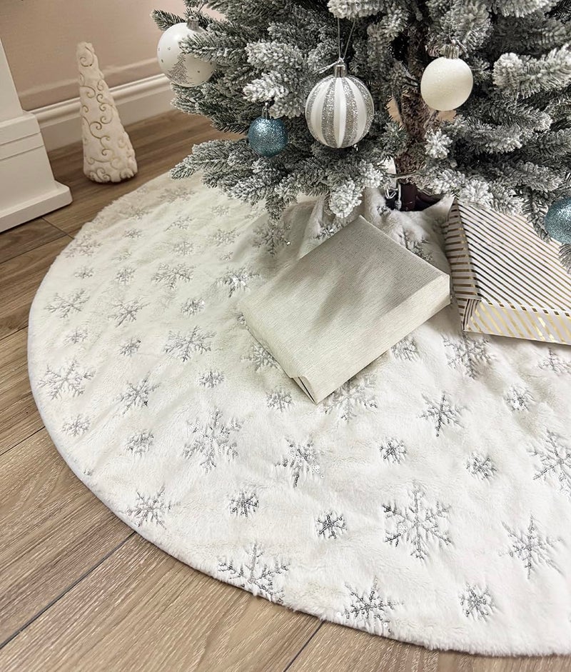 AOGU 48 Inch Sequin Faux Fur Christmas Tree Skirt Decoration for Merry Christmas Party White Plush Silver Sequin Snowflake Xmas Christmas Tree Skirt Decorations - Image 1