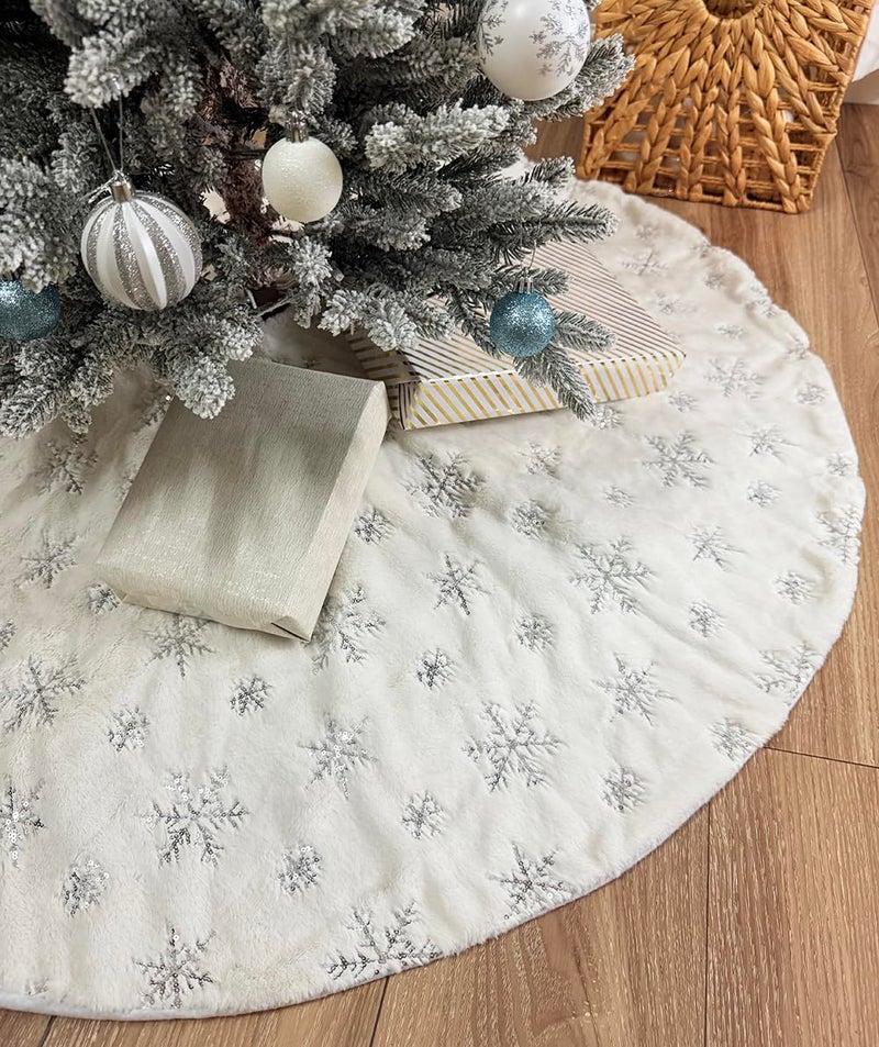 AOGU 48 Inch Sequin Faux Fur Christmas Tree Skirt Decoration for Merry Christmas Party White Plush Silver Sequin Snowflake Xmas Christmas Tree Skirt Decorations - Image 3