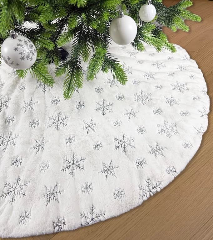 AOGU 48 Inch Sequin Faux Fur Christmas Tree Skirt Decoration for Merry Christmas Party White Plush Silver Sequin Snowflake Xmas Christmas Tree Skirt Decorations - Image 5