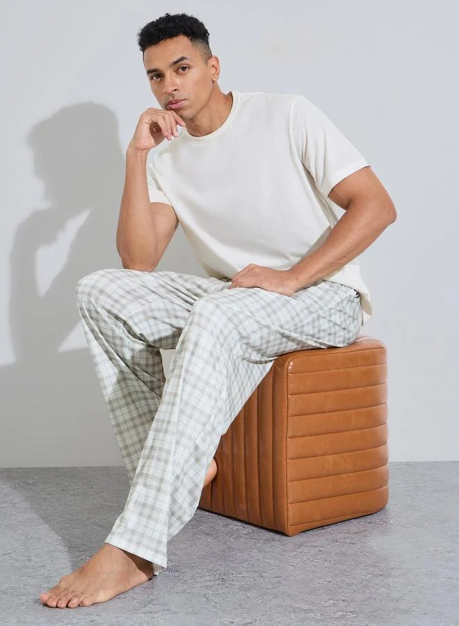 Cream Solid Short Sleeves T-Shirt and Checked Straight Leg Pants Pyjama Set