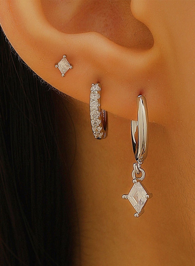 DAEVO Silver  Diamond Zircon Earring Set Women Dainty 3Pcs Multiple Piercings Daily Party Gift Jewelry - Image 1