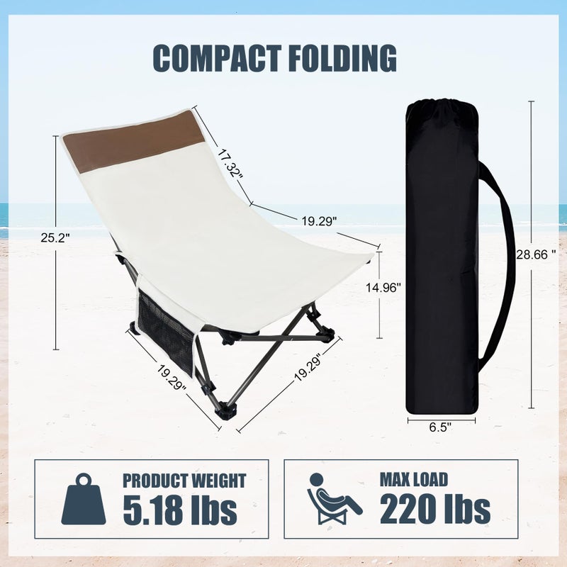 WTVIDAS Compact Beach Chairs 2 Pack with 3-Position Lay Flat Low Portable Camping Chairs for Adults Folding Reclining Chairs for Beach, Lawn, Travel - Image 2