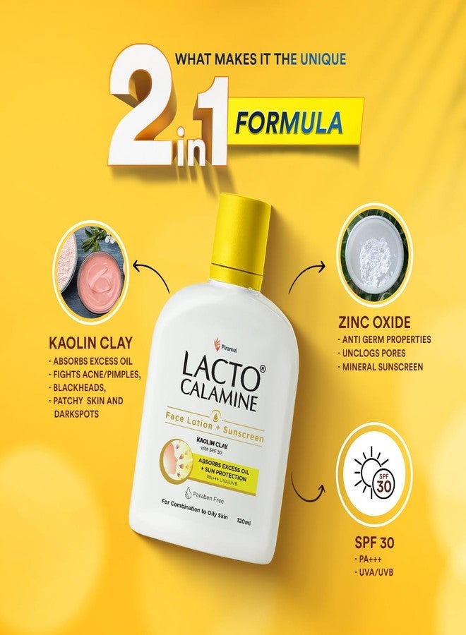 Lacto Calamine Sunscreen Lotion with SPF 30 | 120ml |UVA + UVB PA+++ | Kaolin Clay & Zinc Oxide | Daily Face Moisturizer For Oily Skin | Lightweight & Non-Greasy | Face & Body Lotion (Pack of 2) - Image 1