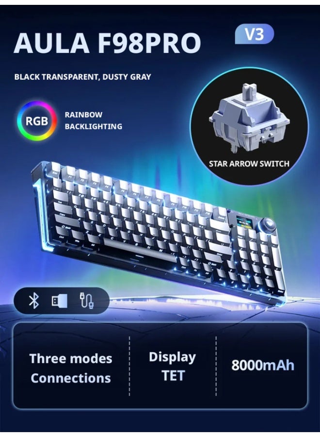 AULA F98 Pro V3 Wireless Mechanical Gaming Keyboard, 10000mAh Battery Gasket Mount Keyboard with TFT Color Smart Display & Knob, Tri-Mode BT5.1/2.4G/Wired, Hot Swappable,RGB Backlit, Black Transparent - Image 1