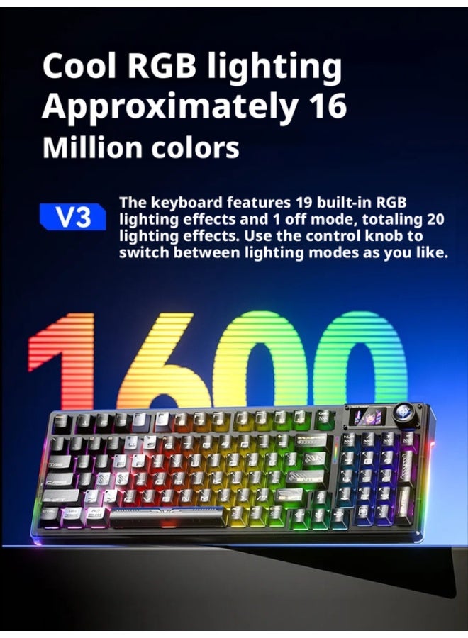 AULA F98 Pro V3 Wireless Mechanical Gaming Keyboard, 10000mAh Battery Gasket Mount Keyboard with TFT Color Smart Display & Knob, Tri-Mode BT5.1/2.4G/Wired, Hot Swappable,RGB Backlit, Black Transparent - Image 3