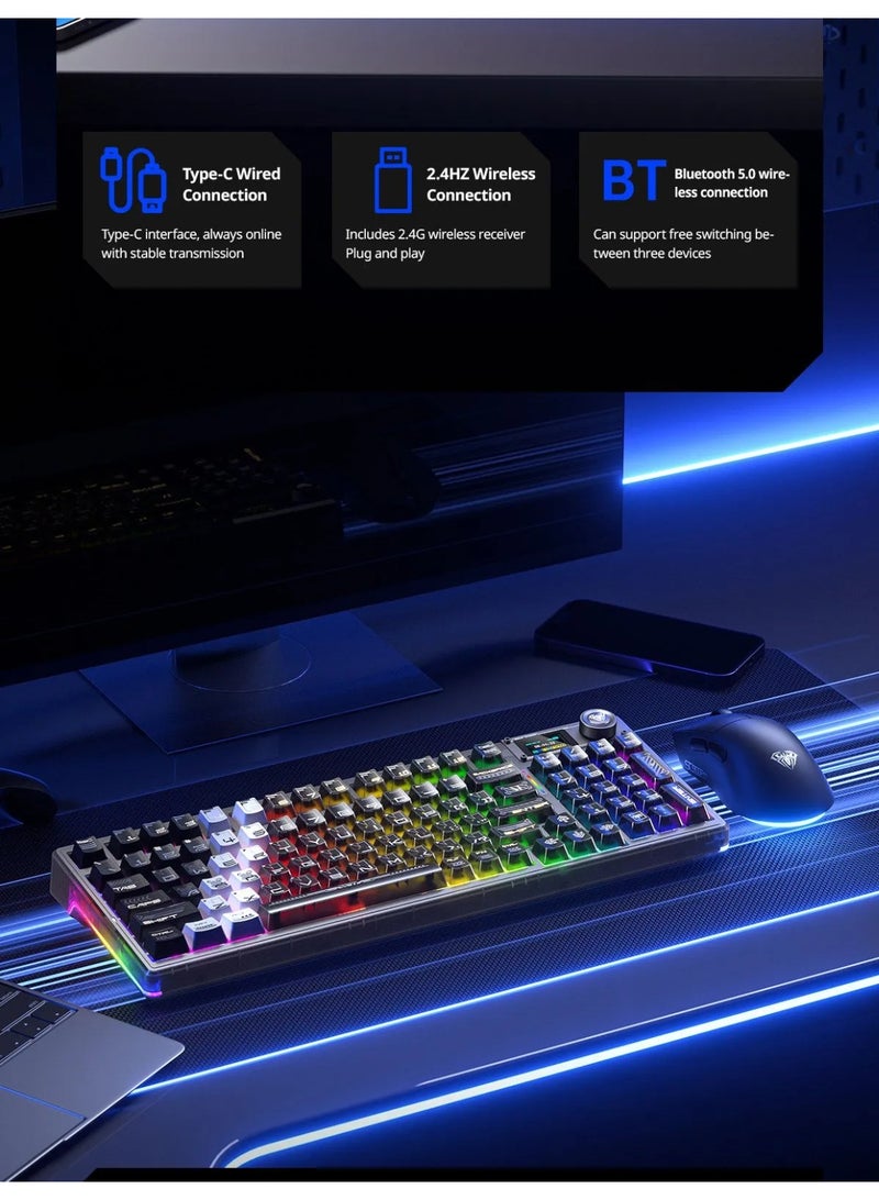 AULA F98 Pro V3 Wireless Mechanical Gaming Keyboard, 10000mAh Battery Gasket Mount Keyboard with TFT Color Smart Display & Knob, Tri-Mode BT5.1/2.4G/Wired, Hot Swappable,RGB Backlit, Black Transparent - Image 4