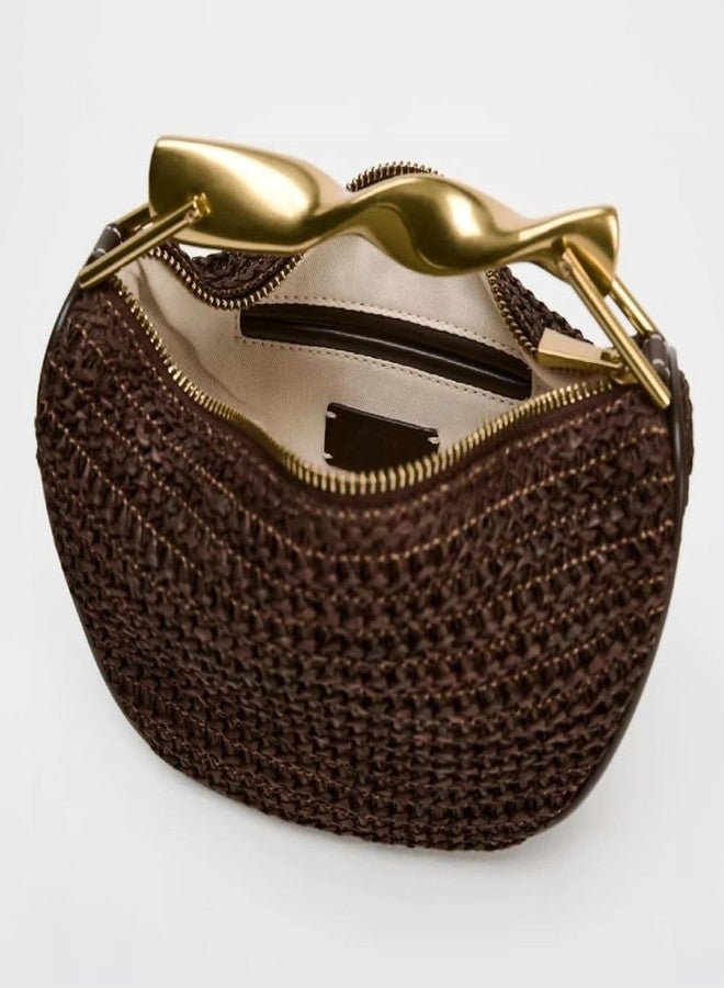 Caistre Straw Tote Bag Purse for Women Mini Beach Crossbody Handbag Metal Top Handle Clutch Summer Purse Shoulder Bag Woven Handbag - Image 5