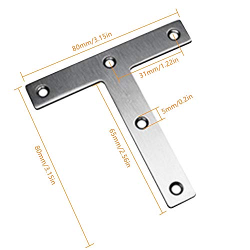 Tiberham T Shaped Repair Plate, Tiberham 80 x 80 mm Stainless Steel Corner Brackets Angle Braces, Heavy Duty Flat Mending Plate Joining Connector Fixing Bracket Support (Pack of 10) - Image 2