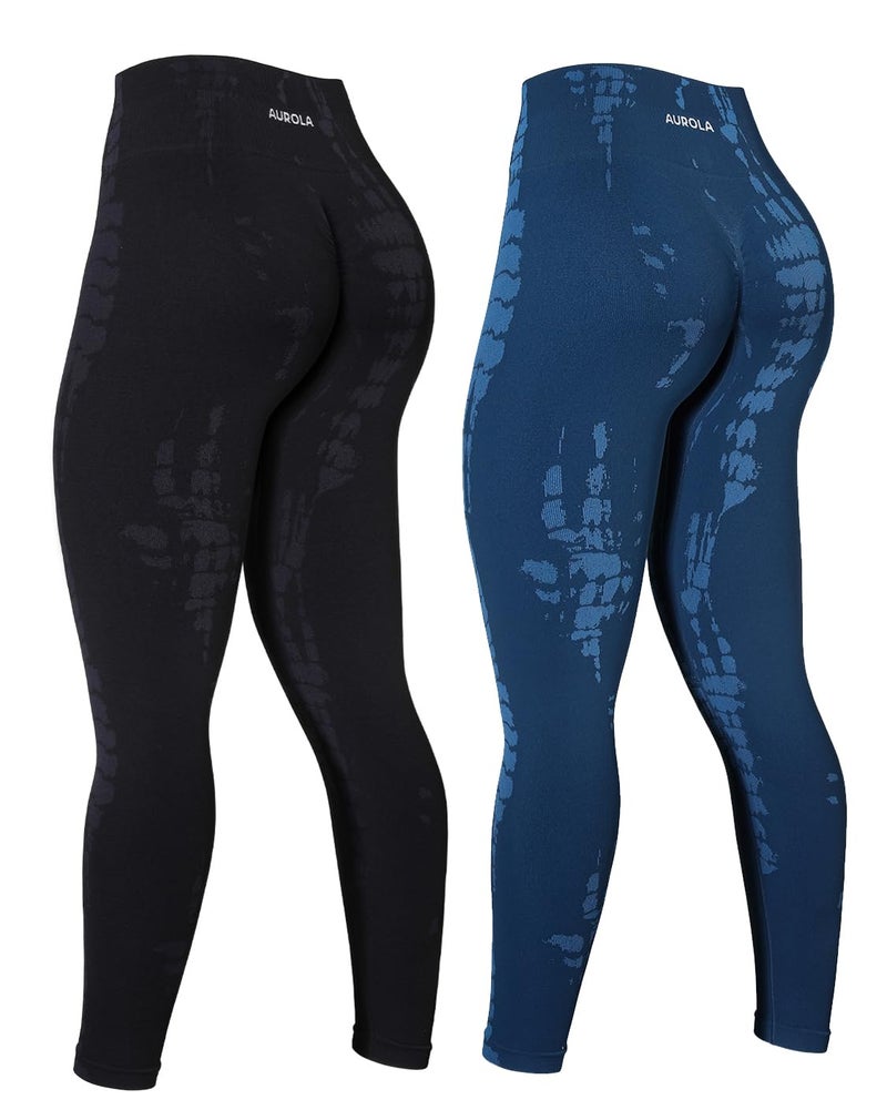AUROLA Serpent 2 Pieces Pack Set Seamless Scrunch Workout Leggings for Women Active Gym PantsPack Black Water BlueM - Image 2