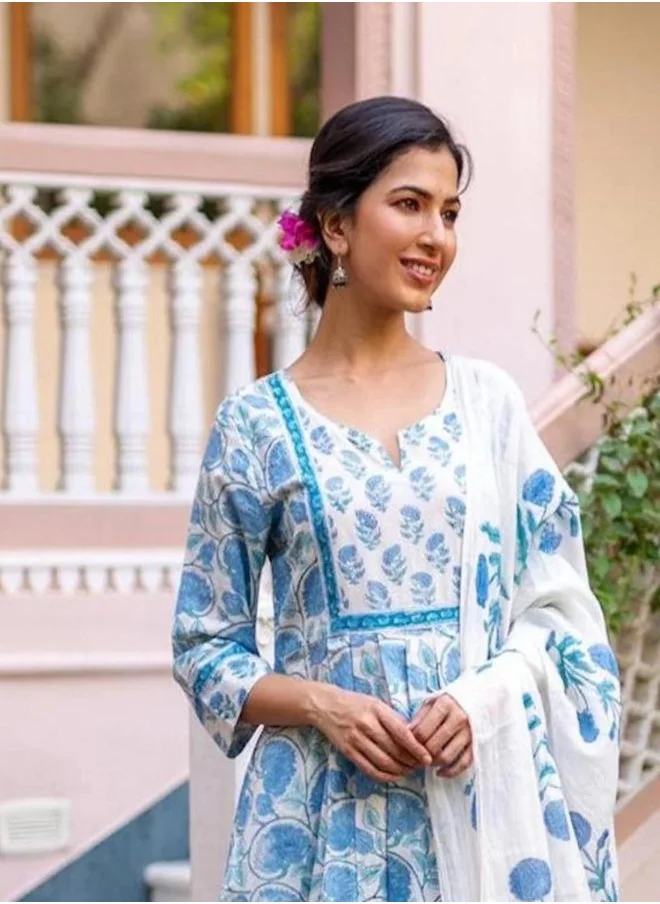 ZERESOUQ Sky Blue Jaal Printed Kurta Dupatta Set